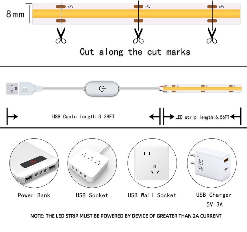 Hongtop COB LED Çizgi Işıkları 5V USB 6.56ft/2m 640LED'ler Dokunmasız Adımlandırılabilir 6000K Beyaz 13W