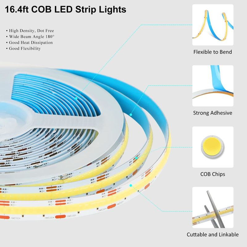 COB LED Çizgi Işıkları CCT (2700K-6500K Düzenlenebilir) 2M 560LEDs/m CRI90 Led Teyp Light Kit
