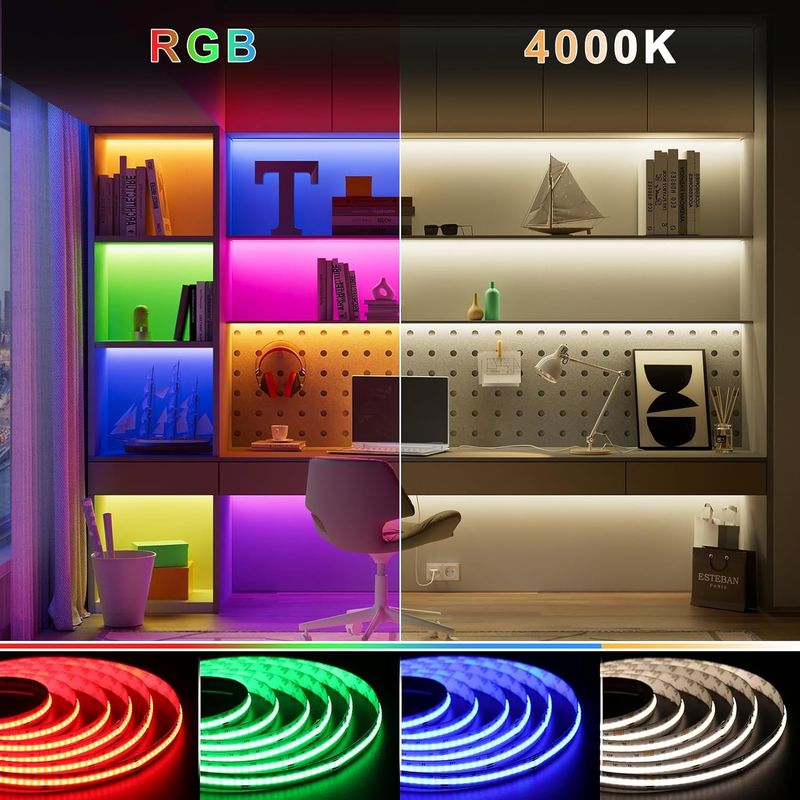 784 LED/m IP20 derecesi ve DMX512/RF/Bluetooth/WiFi kontrolü ile dimlenebilir 19W RGBW COB LED şeridi