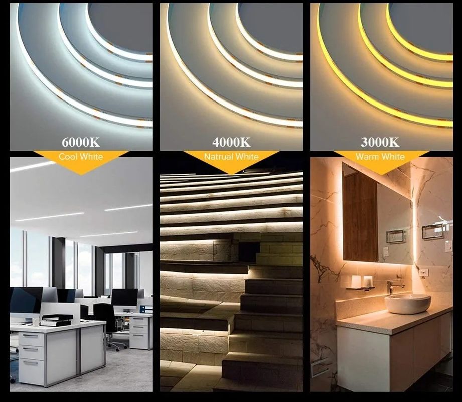 IP20 12V 24V 8W 3000K 4000K 6000K CRI90 8mm 320leds 3'lü esnek COB LED şeridi