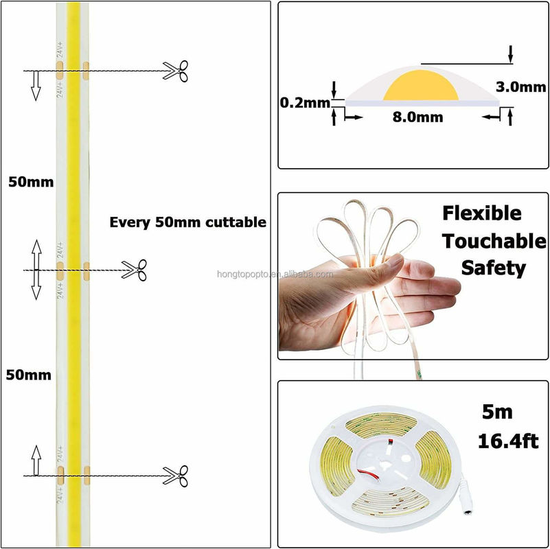 Basınç düşüşü yok COB LED şeridi DC24V CRI90 312LEDs/m 10metre Çalışma süresi 30000 saat